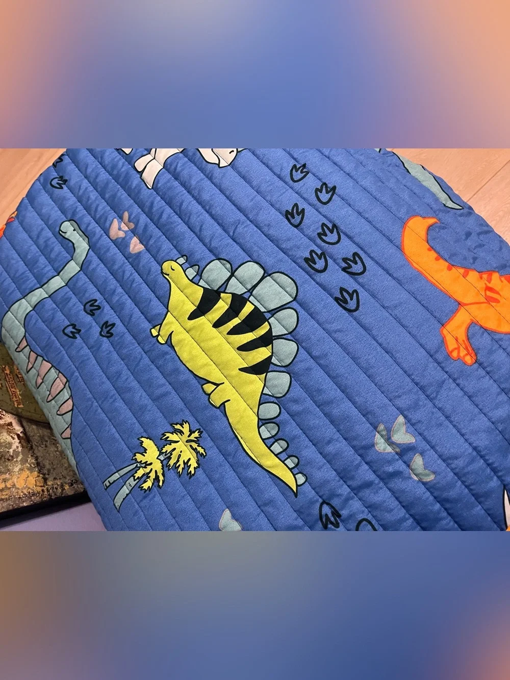Kids Blue Dinosaur Quilted Bedding Throw - Orange Accents